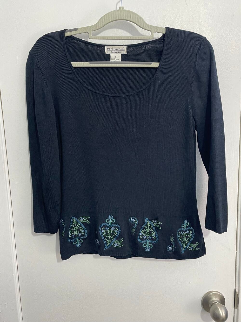 Y2K Due Per Due Silk Blouse Silk Black Ribbed Cropped Embroidered 3/4 Sleeve